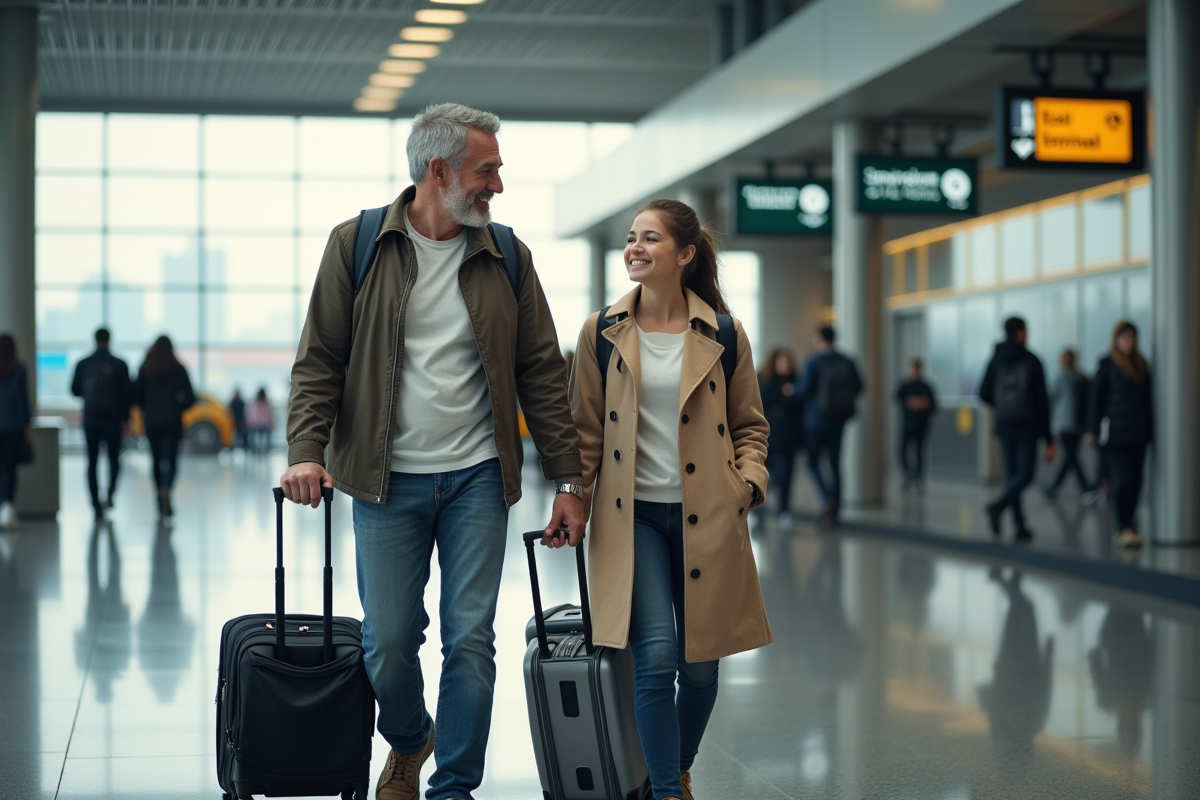Père et fille souriant avant de partir à l