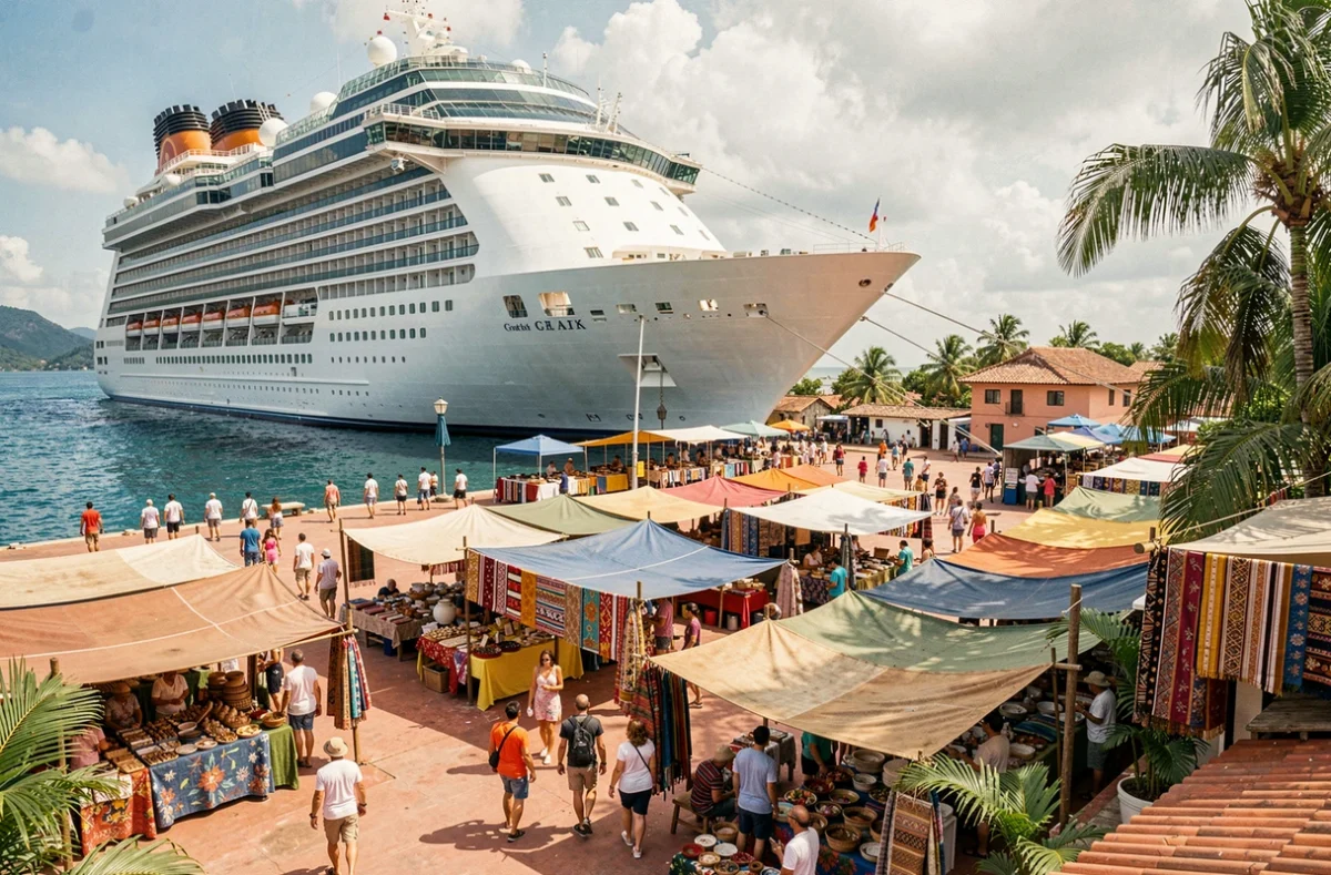 Paquebot de croisière amarré dans un port exotique animé avec des passagers débarquant lors d'une escale du tour du monde
