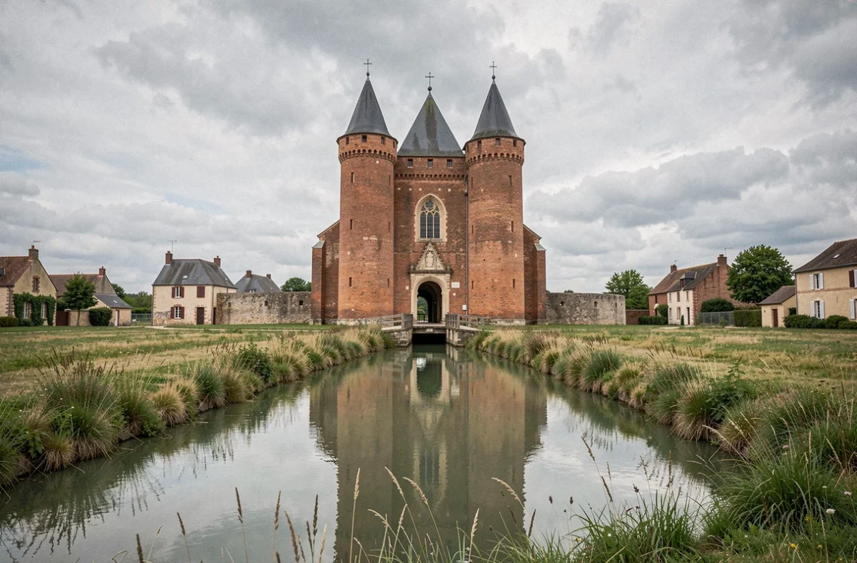 L'église fortifiée de Parfondeval avec ses tours cylindriques et ses douves, joyau roman de la Thiérache