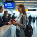 Jeune femme à l'aéroport belge présentant son passeport