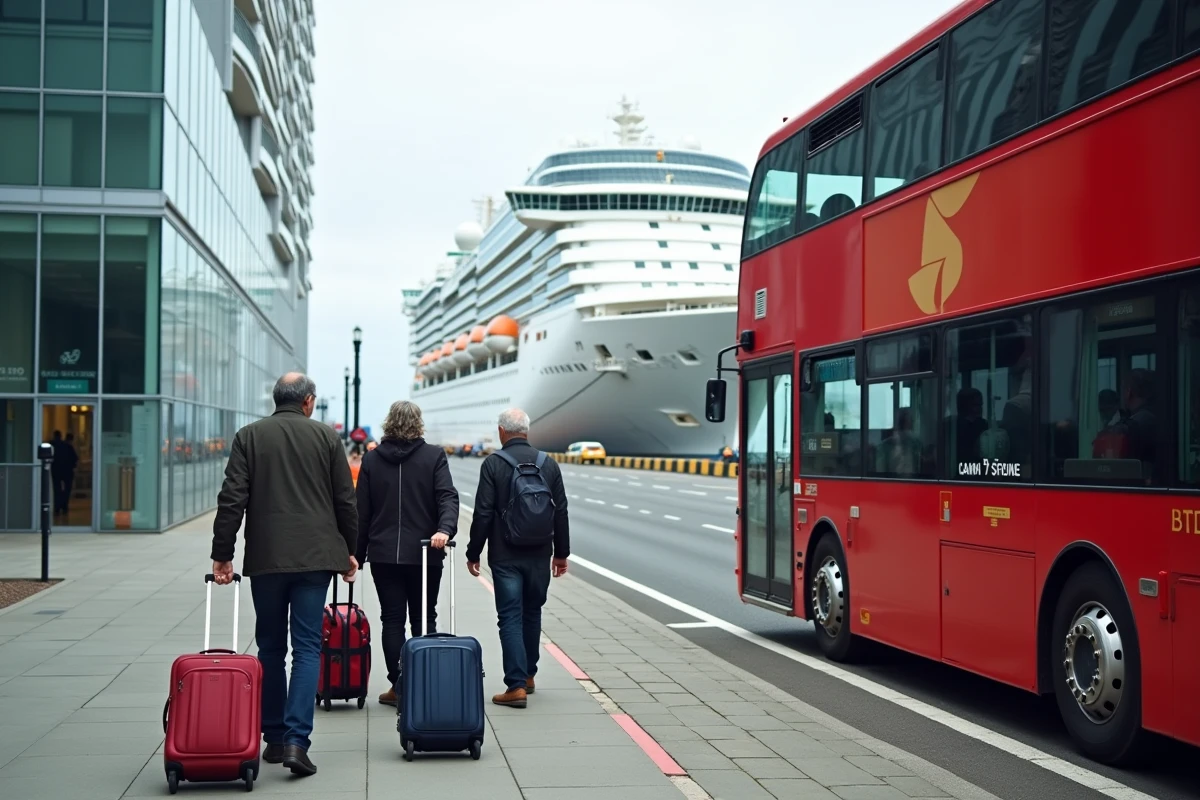 Passagers de croisière montant dans un bus touristique hop-on hop-off au terminal du port de Dublin