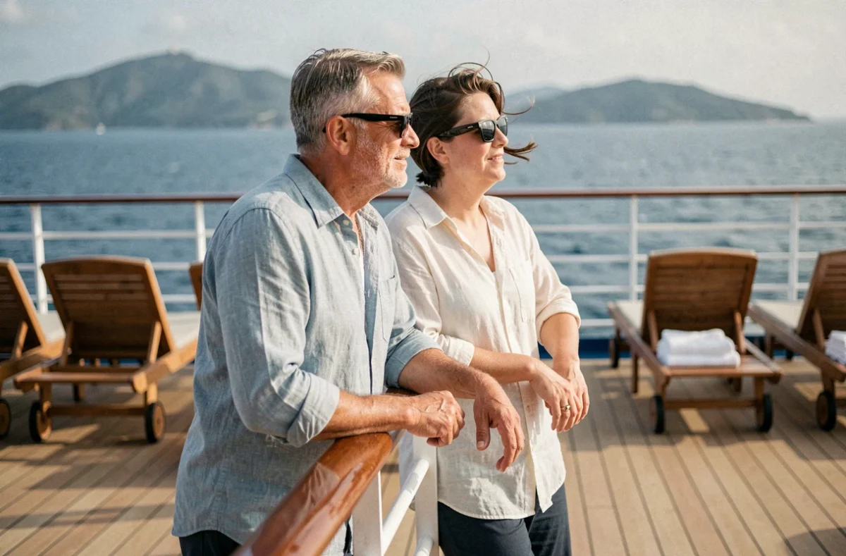 Couple de passagers sur le pont d'un bateau de croisière Norwegian admirant une île au loin