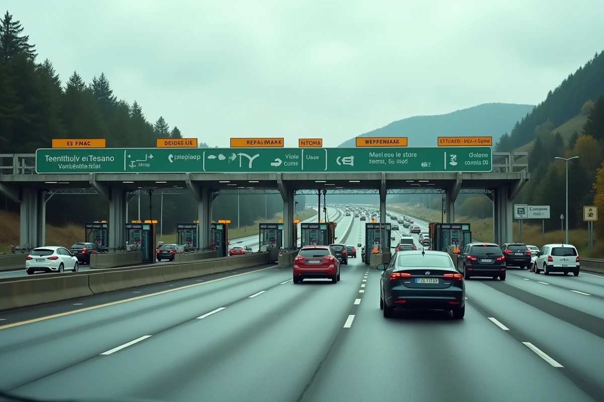 Péage d'autoroute franco-espagnol avec files de voitures et signalisation bilingue