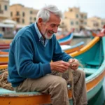 Pêcheur maltese âgé répare un filet de pêche au port