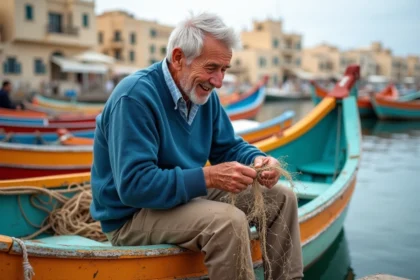 Pêcheur maltese âgé répare un filet de pêche au port