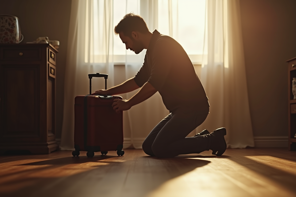 Personne à genoux près d'une valise essayant de déverrouiller la serrure