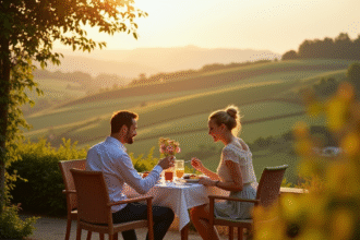 Couple petit-dejeuner sur terrasse en Normandie