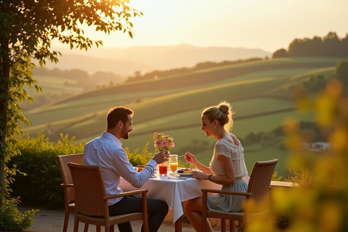 Couple petit-dejeuner sur terrasse en Normandie