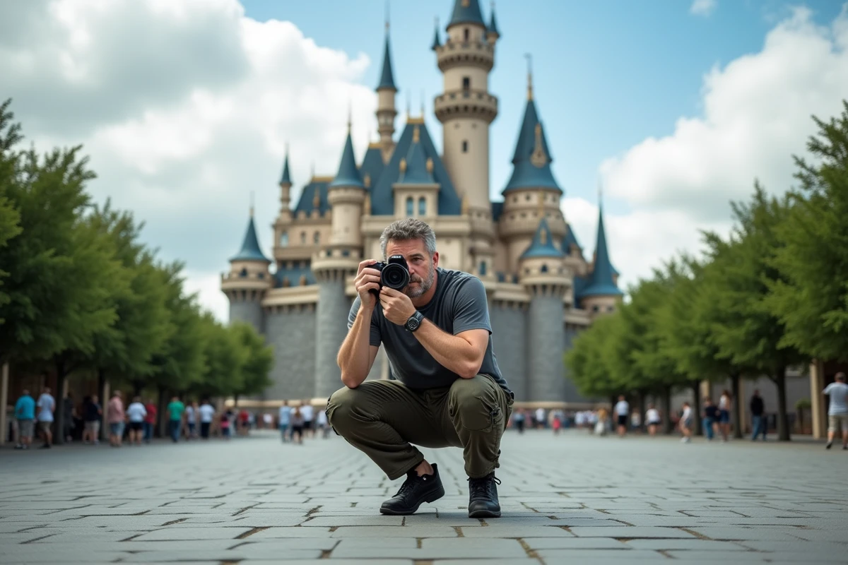 Photographe accroupi capturant un château en contre-plongée à Europa Park, illustrant une technique de cadrage dynamique en parc à thème