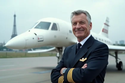 Pilote en uniforme près du Concorde à Paris