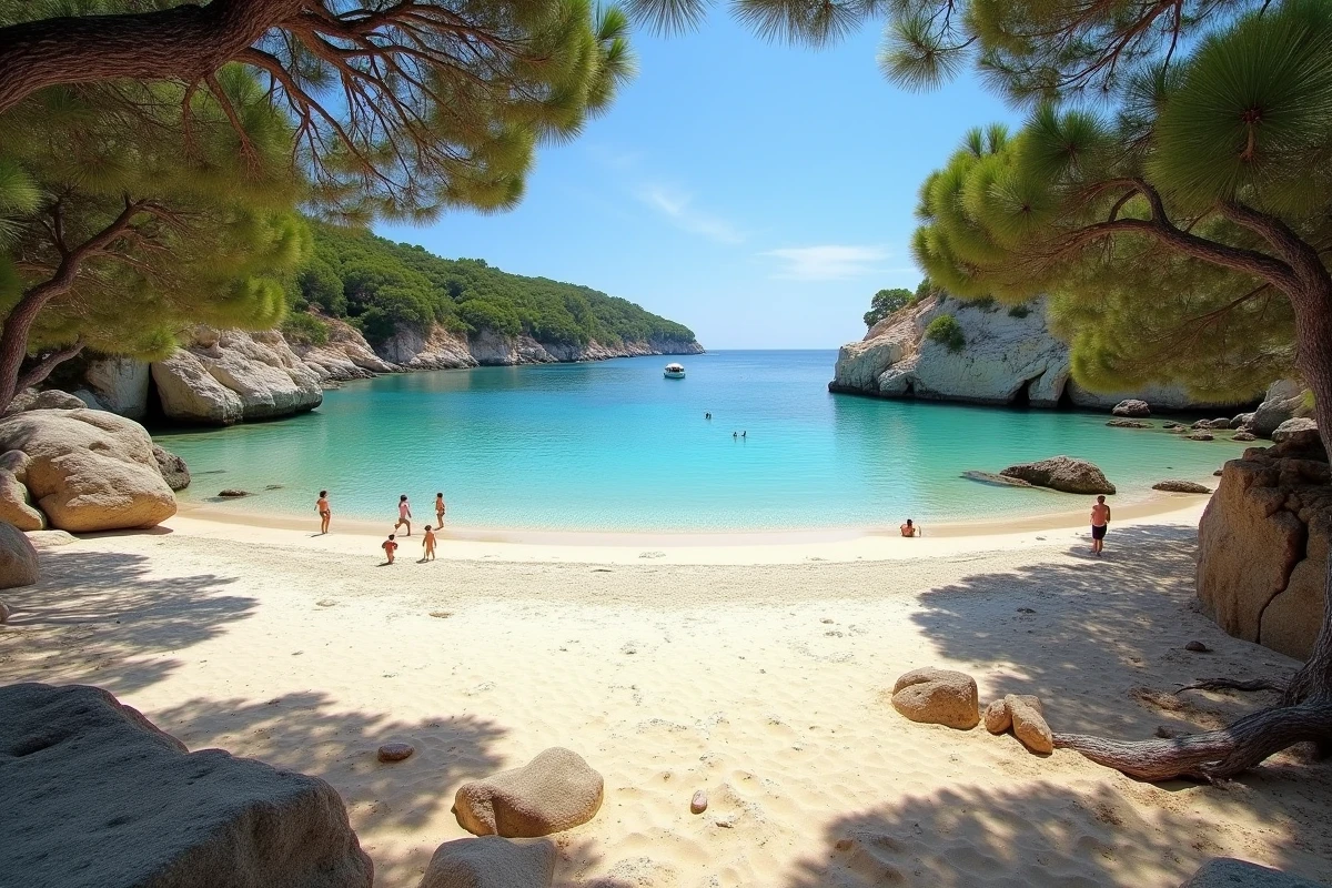 Plage paisible et peu fréquentée de Porquerolles en milieu de matinée avec eaux turquoise transparentes