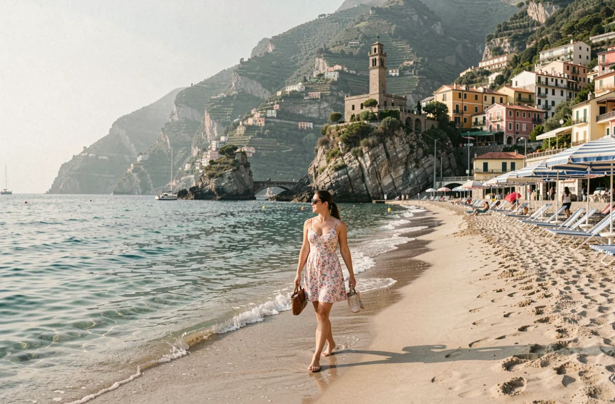 Plage de Fegina à Monterosso al Mare avec femme se promenant au bord de l'eau et tour Doria en arrière-plan