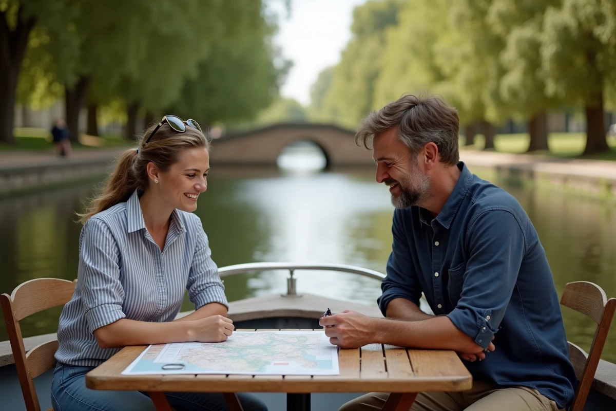 Couple consultant une carte sur la péniche pour planifier leur sortie sur le Canal du Midi à Toulouse