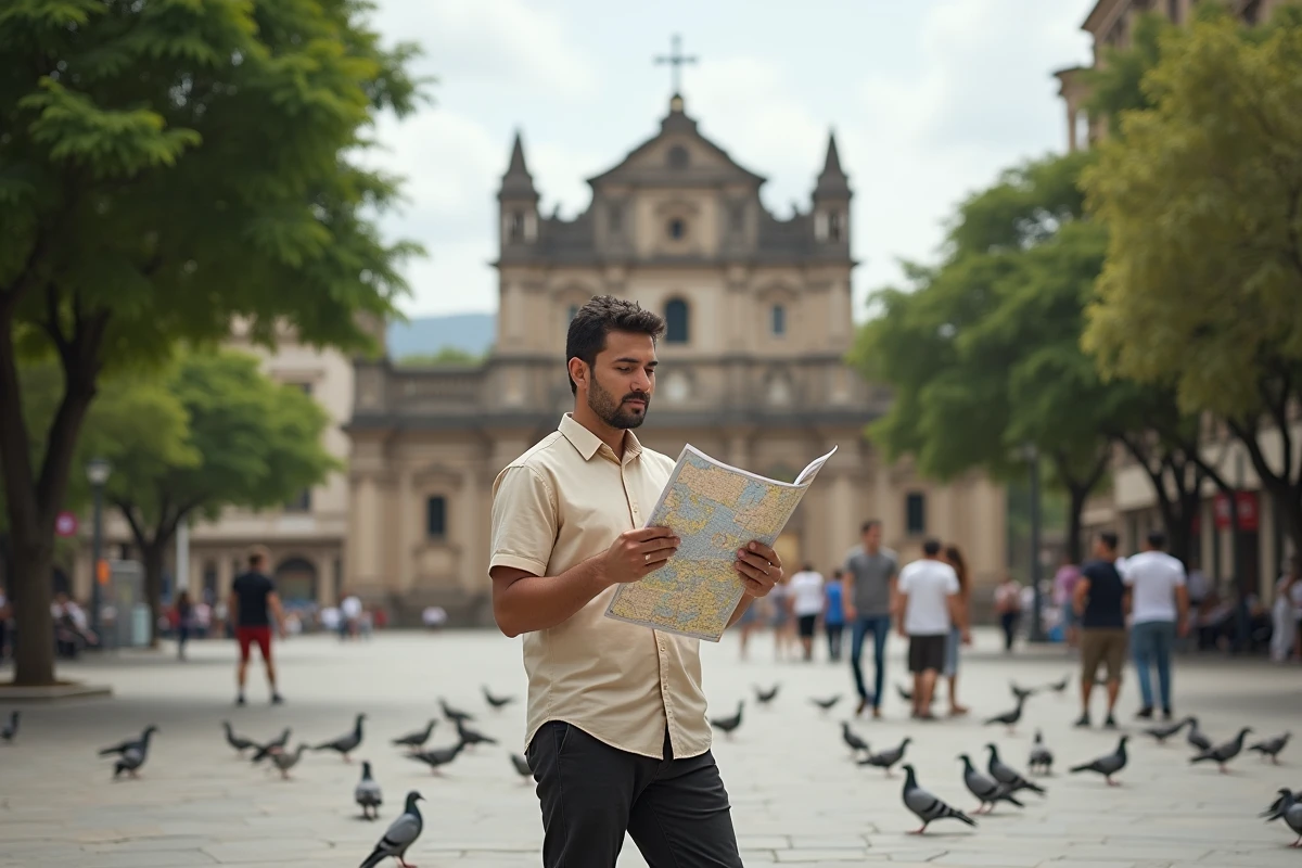 Touriste nicaraguayen consultant une carte devant les ruines de l'ancienne cathédrale de Managua sur la Plaza de la República