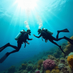 Deux plongeurs sous l'eau signalant entre eux avec coraux colorés en arrière-plan