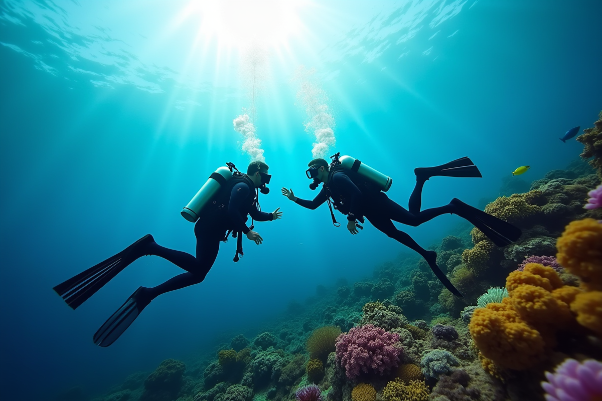 Deux plongeurs sous l'eau signalant entre eux avec coraux colorés en arrière-plan