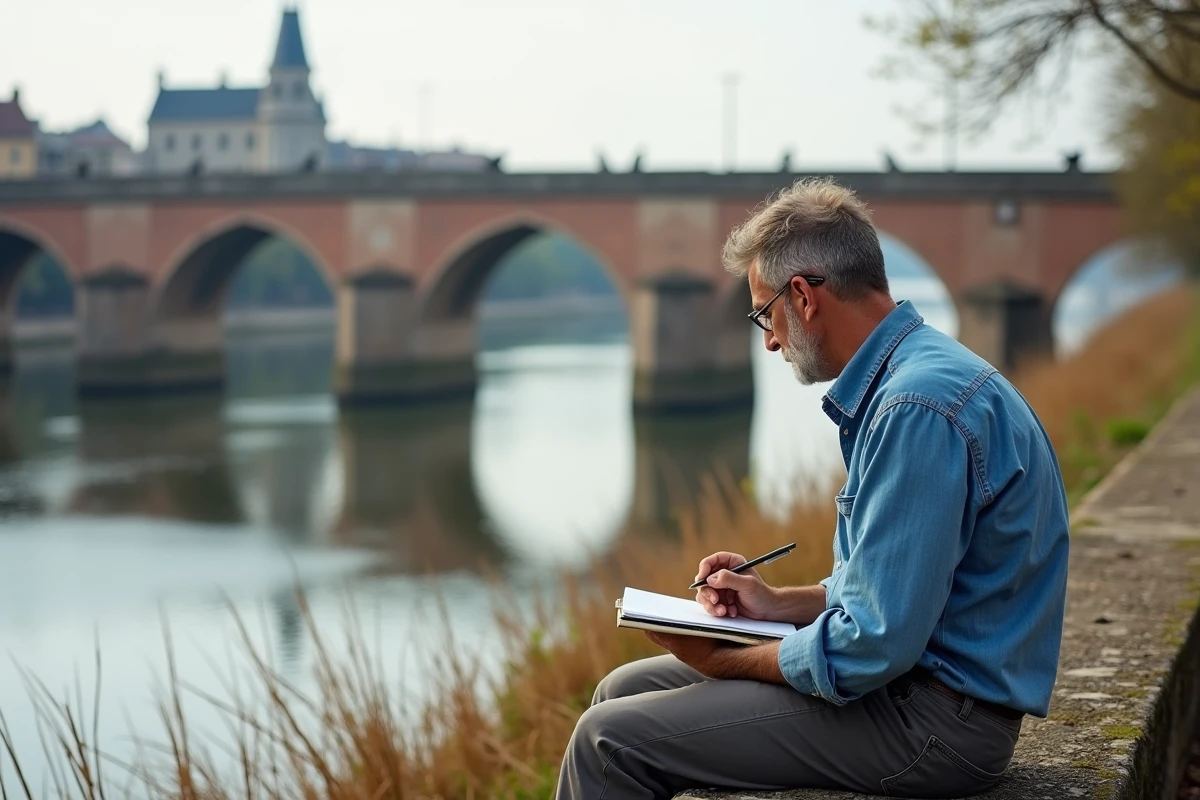 Homme esquissant une vue depuis le Pont Vieux de Montauban avec le Tarn et la cathédrale en arrière-plan