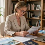 Femme préparant son voyage en croisière en consultant des documents d'itinéraire à son bureau à domicile