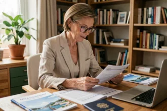 Femme préparant son voyage en croisière en consultant des documents d'itinéraire à son bureau à domicile