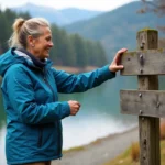 Femme en plein air près du lac de Gérardmer observant un panneau