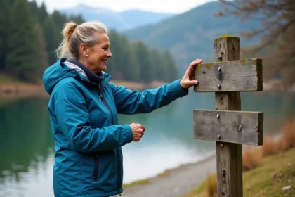 Femme en plein air près du lac de Gérardmer observant un panneau