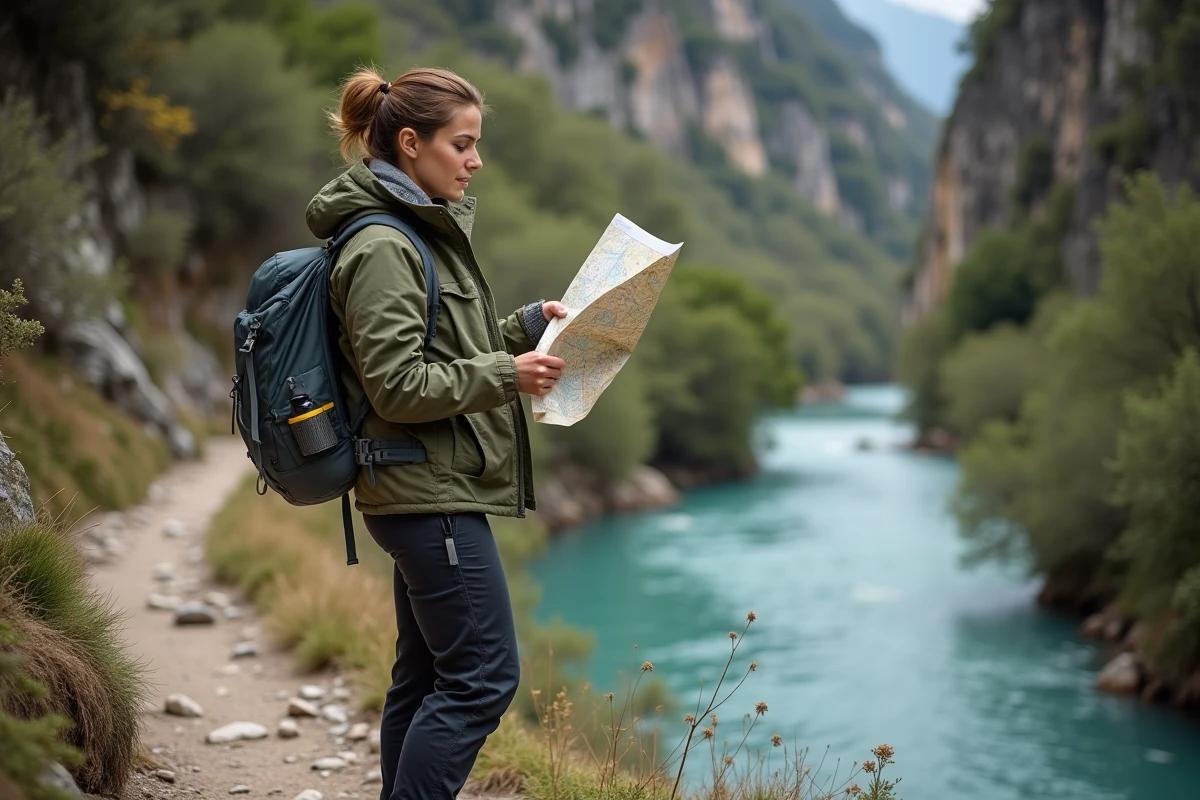 Randonneuse consultant une carte topographique sur le sentier des gorges de la Vis en Cévennes