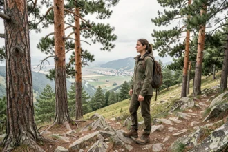 Randonneuse contemplant la vallée de Bitola depuis les sentiers du parc national de Pelister en Macédoine du Nord