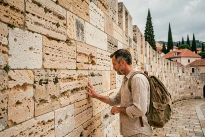 Voyageur admirant les remparts médiévaux en pierre calcaire de la vieille ville de Dubrovnik en Croatie