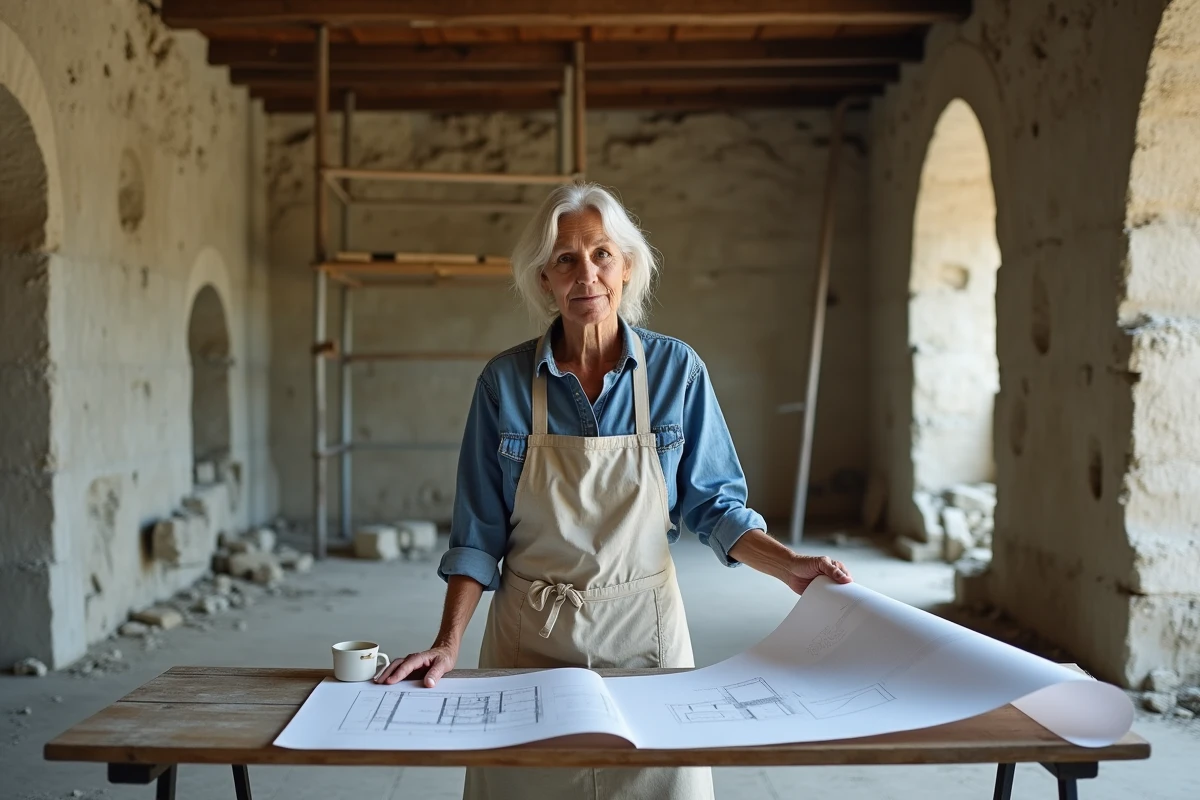 Femme entrepreneur examinant des plans architecturaux à l'intérieur d'une ferme abandonnée en cours de rénovation dans un village français