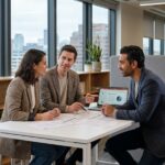 Réunion professionnelle autour d'une table dans un bureau moderne avec documents et ordinateur portable