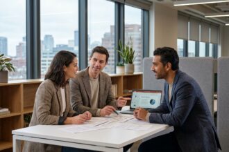 Réunion professionnelle autour d'une table dans un bureau moderne avec documents et ordinateur portable