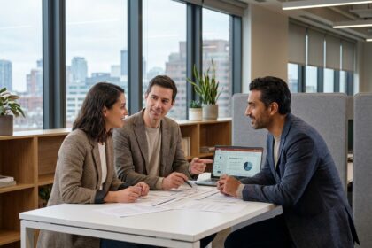 Réunion professionnelle autour d'une table dans un bureau moderne avec documents et ordinateur portable
