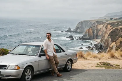 Homme appuyé contre une voiture de location sur une route panoramique de la côte californienne entre Los Angeles et San Francisco