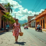 Rue animée du centre de Managua avec architecture coloniale colorée et femme nicaraguayenne portant un panier tressé