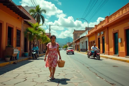 Rue animée du centre de Managua avec architecture coloniale colorée et femme nicaraguayenne portant un panier tressé