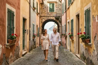Ruelle pavée du centre historique de Monterosso al Mare avec maisons colorées et couple en promenade