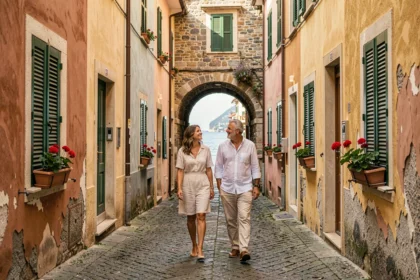 Ruelle pavée du centre historique de Monterosso al Mare avec maisons colorées et couple en promenade