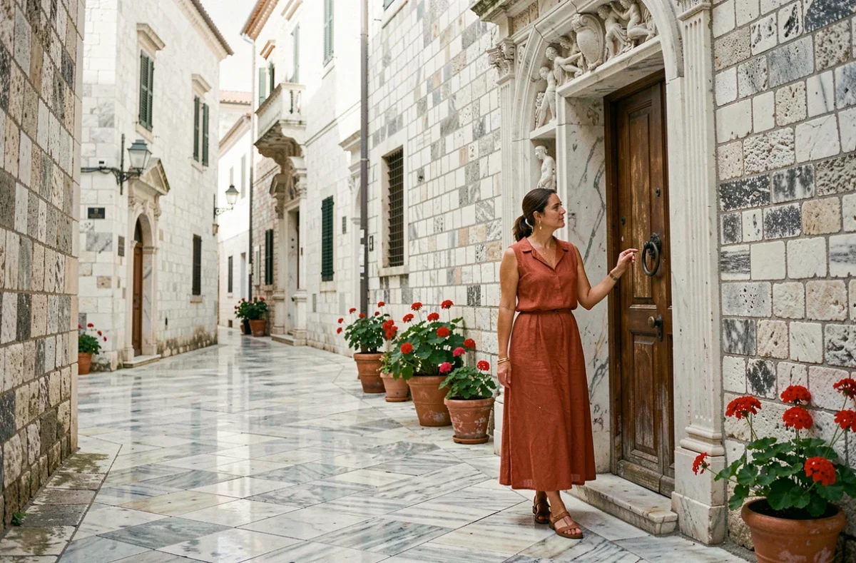 Femme explorant une ruelle historique pavée de marbre poli dans la vieille ville de Dubrovnik