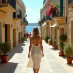 Femme se promenant dans une ruelle pittoresque de St Julian's à Malte avec balcons traditionnels et vue sur la mer