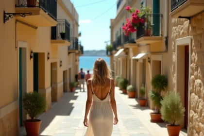 Femme se promenant dans une ruelle pittoresque de St Julian's à Malte avec balcons traditionnels et vue sur la mer