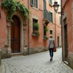 Femme explorant une ruelle secrète aux murs en brique rose de Montauban avec une porte en pierre cachée sous le lierre