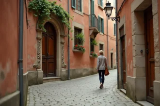 Femme explorant une ruelle secrète aux murs en brique rose de Montauban avec une porte en pierre cachée sous le lierre