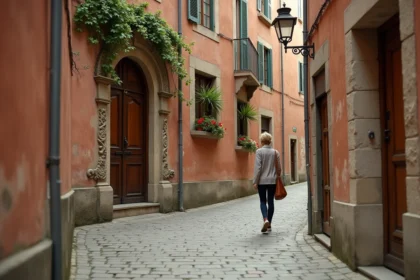 Femme explorant une ruelle secrète aux murs en brique rose de Montauban avec une porte en pierre cachée sous le lierre