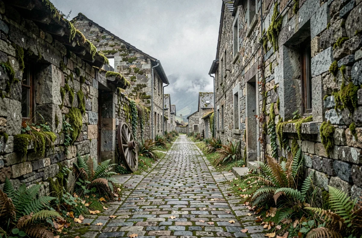 Ruelle pavée déserte entre des maisons en ruines d'un village médiéval abandonné dans les Pyrénées françaises, envahie par la mousse et les fougères