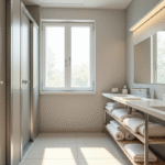 Salle de bain moderne dans une auberge de jeunesse avec douches individuelles