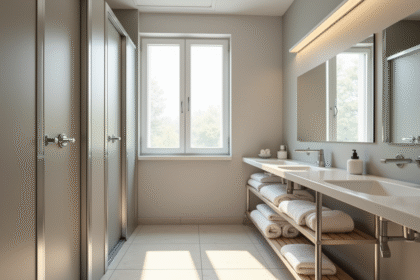 Salle de bain moderne dans une auberge de jeunesse avec douches individuelles