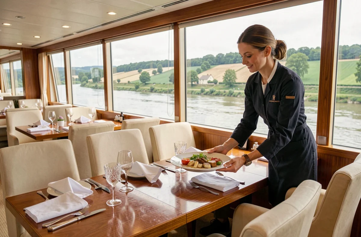 Salle à manger élégante d'un bateau de croisière fluviale en Bourgogne avec vue panoramique sur la rivière