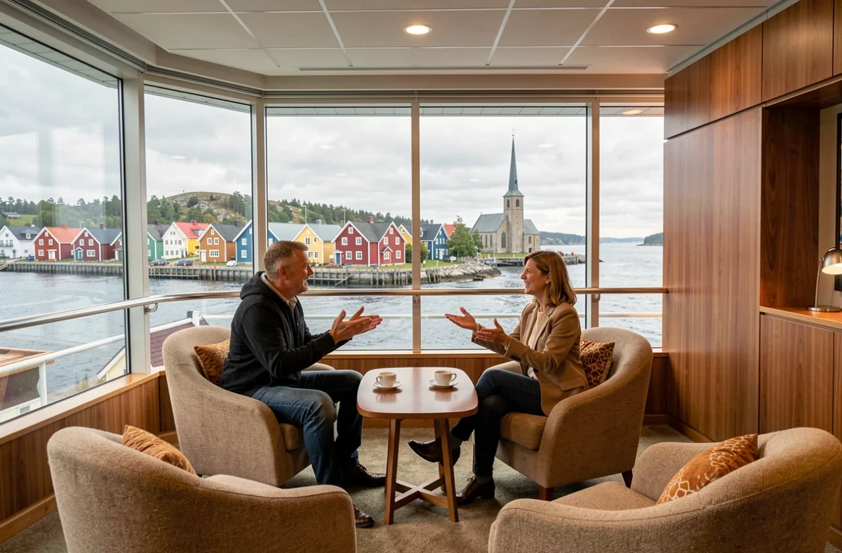 Salon panoramique d'un navire de croisière avec vue sur une ville côtière scandinave aux maisons colorées
