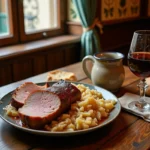 Assiette traditionnelle de Saumagen servi avec choucroute et pommes de terre dans un restaurant typique de Speyer, Allemagne