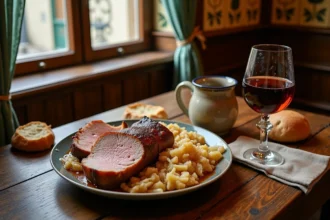Assiette traditionnelle de Saumagen servi avec choucroute et pommes de terre dans un restaurant typique de Speyer, Allemagne